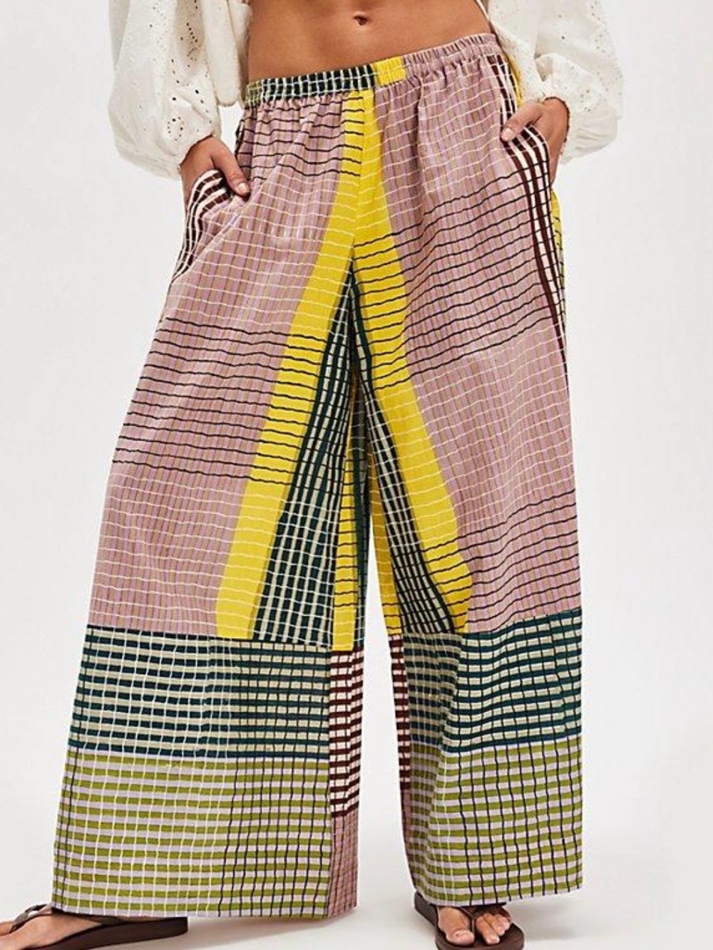 RUJUTA SHETH wide-Leg Plaid Patchwork Pants in yellow , pink, & burgundy - Picture 2 of 5